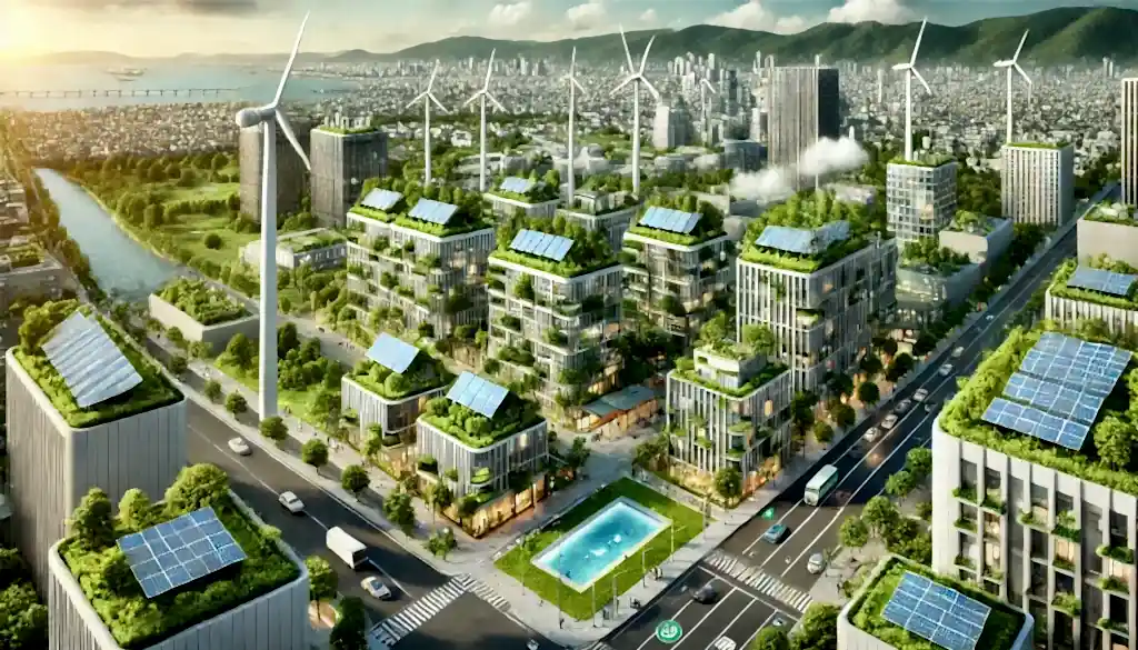 a city with buildings and windmills